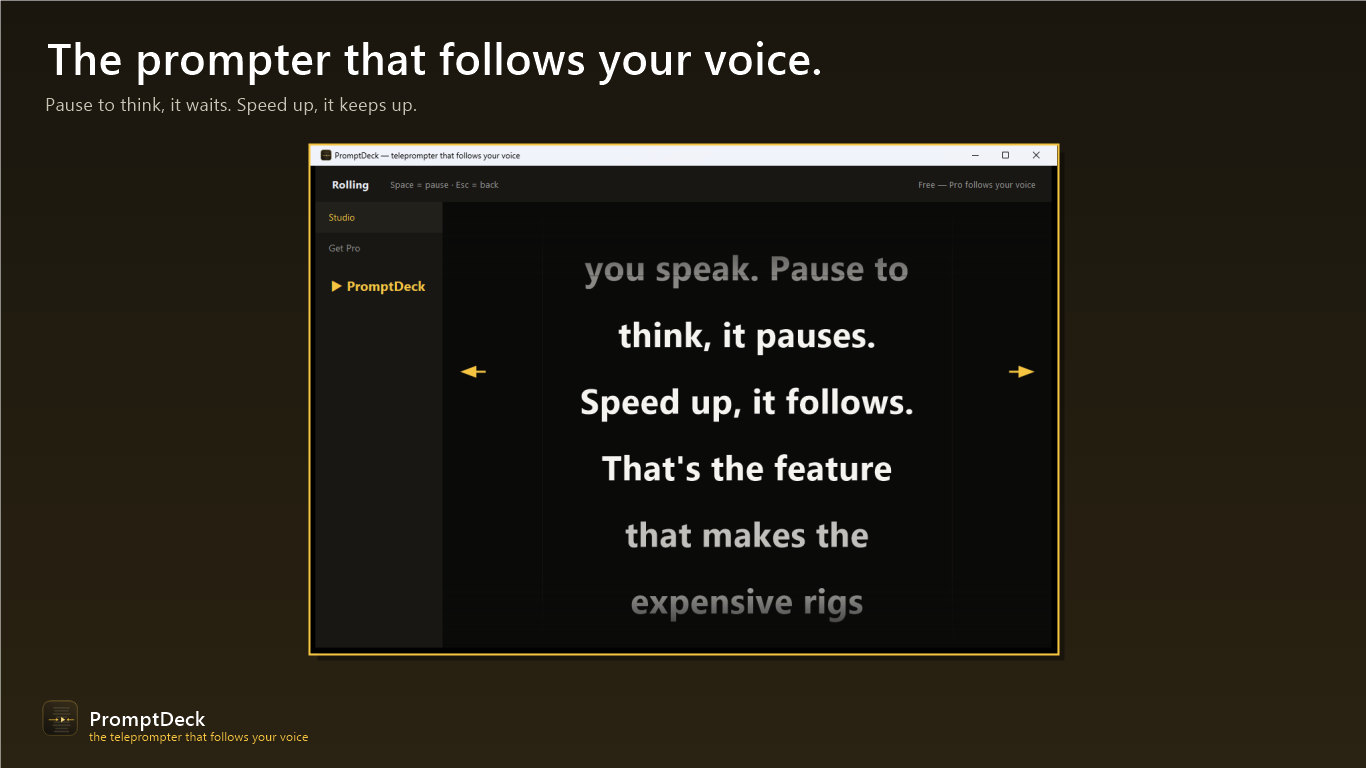 PromptDeck scrolling a script with a glowing read-here line