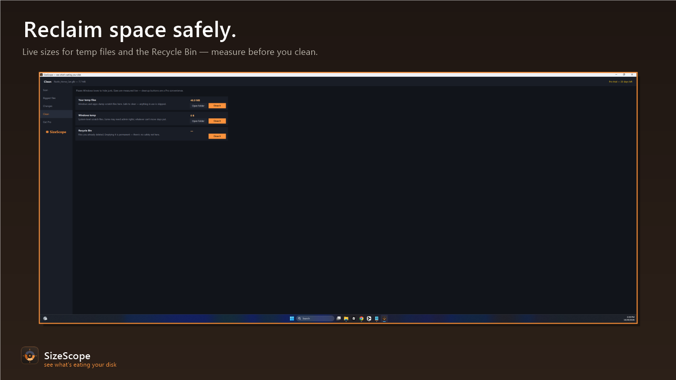 One-click cleanup for temp files and Recycle Bin