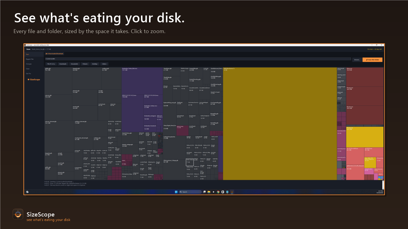 SizeScope treemap showing every file and folder sized by real usage